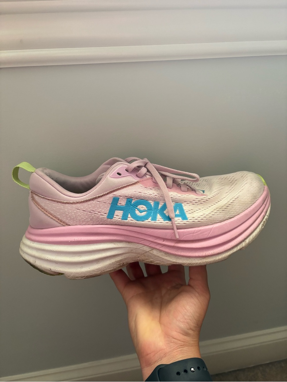 Hoka Pink Sneakers with Blue Logo and Lime Accents - Picture 2 of 4
